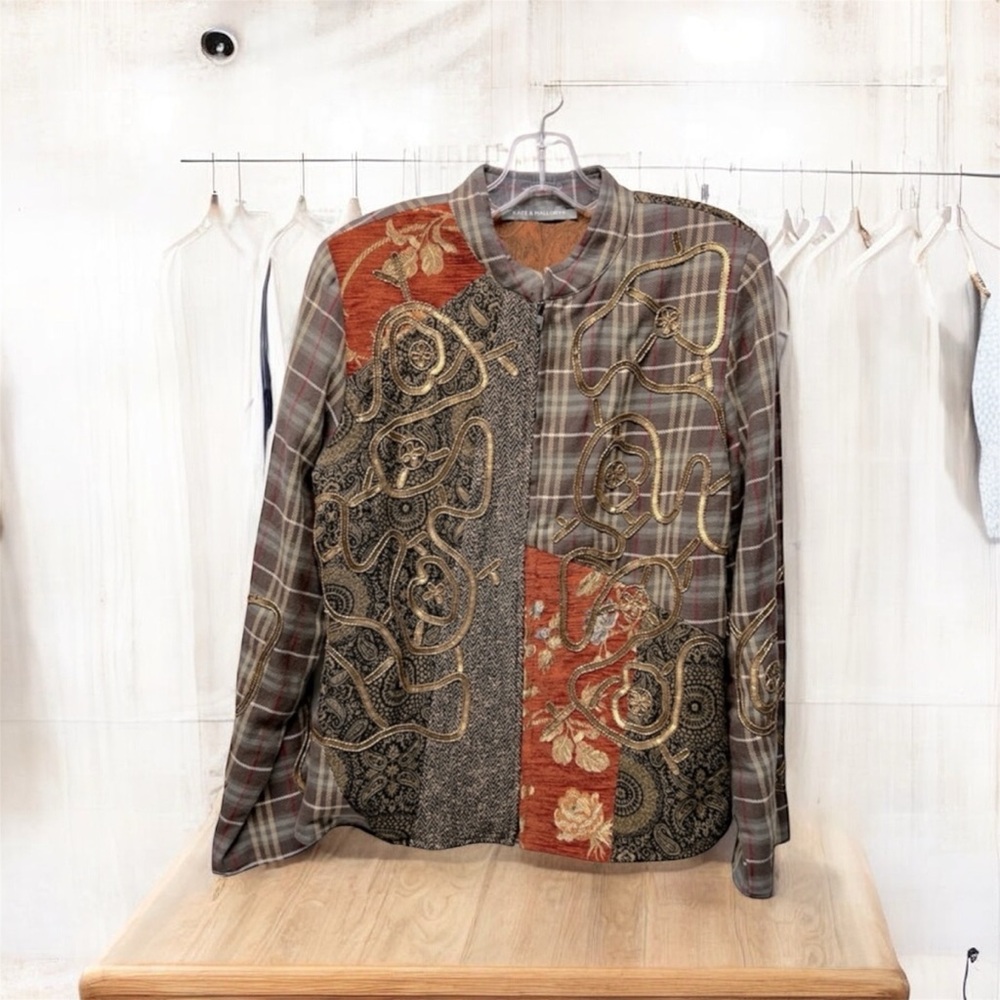 Kate & Mallory patchwork plaid tapestry paisley jacquard brown gold jacket